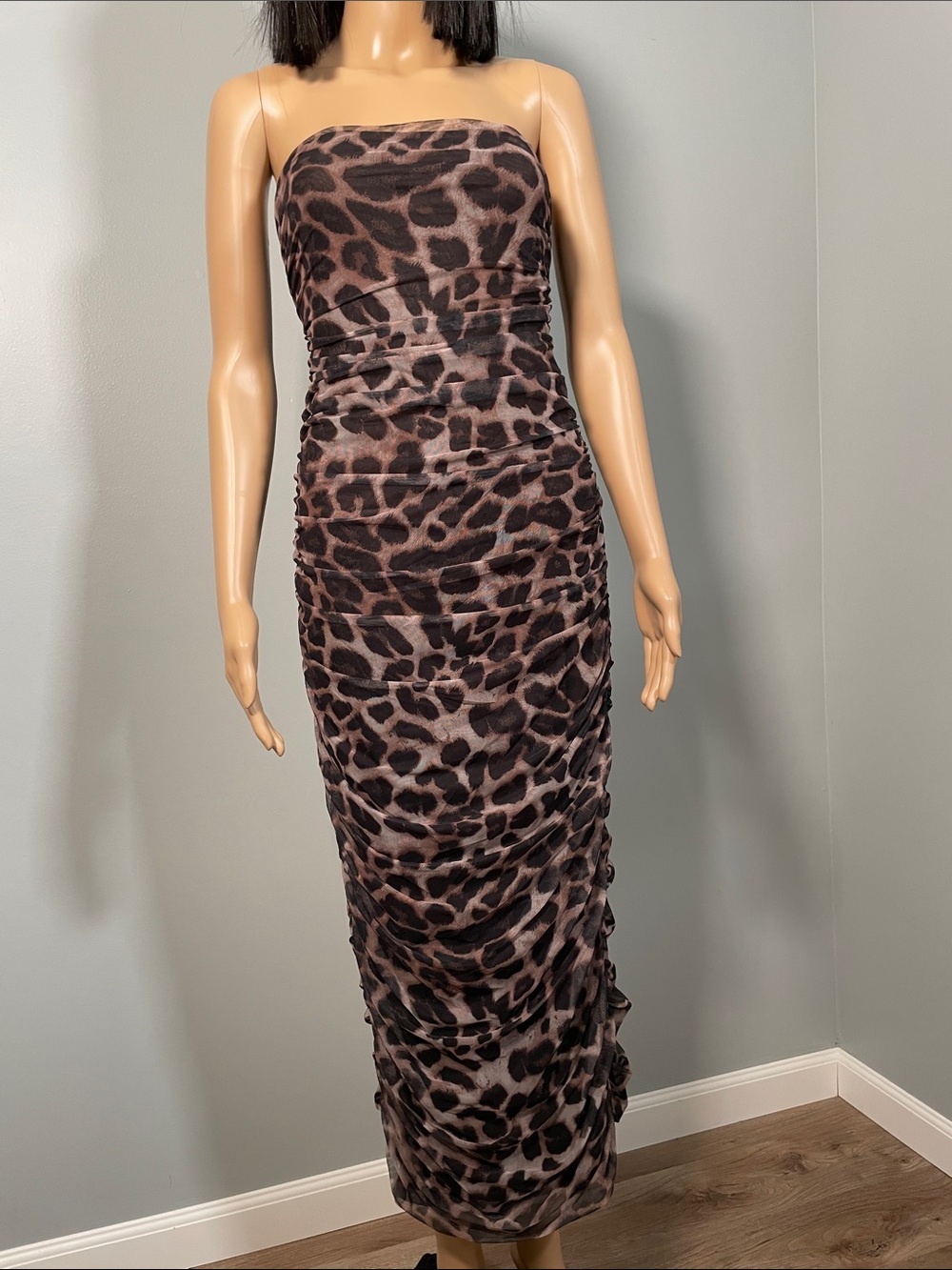 Lena Strapless Leopard Ruched Maxi Dress in Brown - Picture 1 of 7